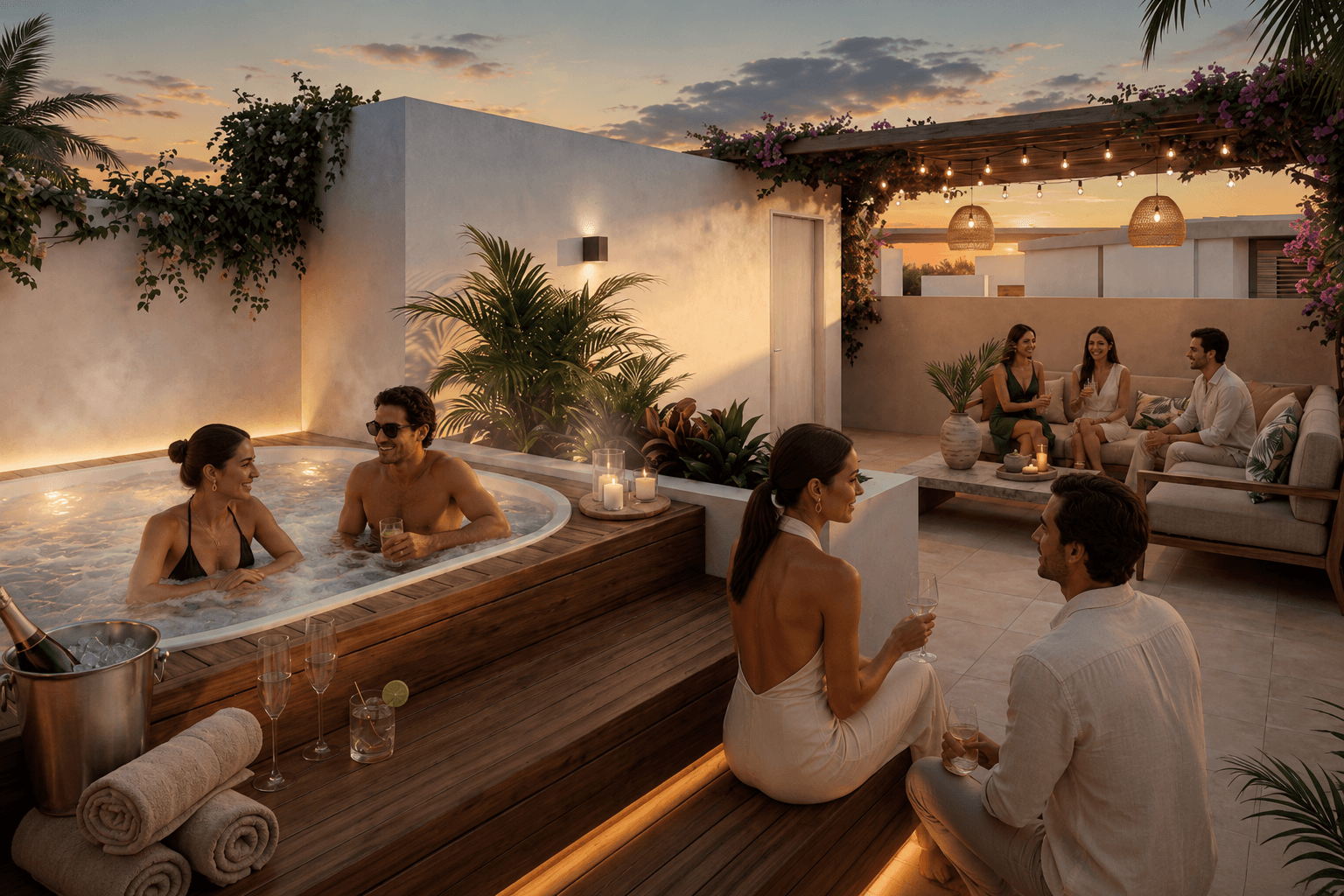 Rooftop con jacuzzi y zona social al atardecer